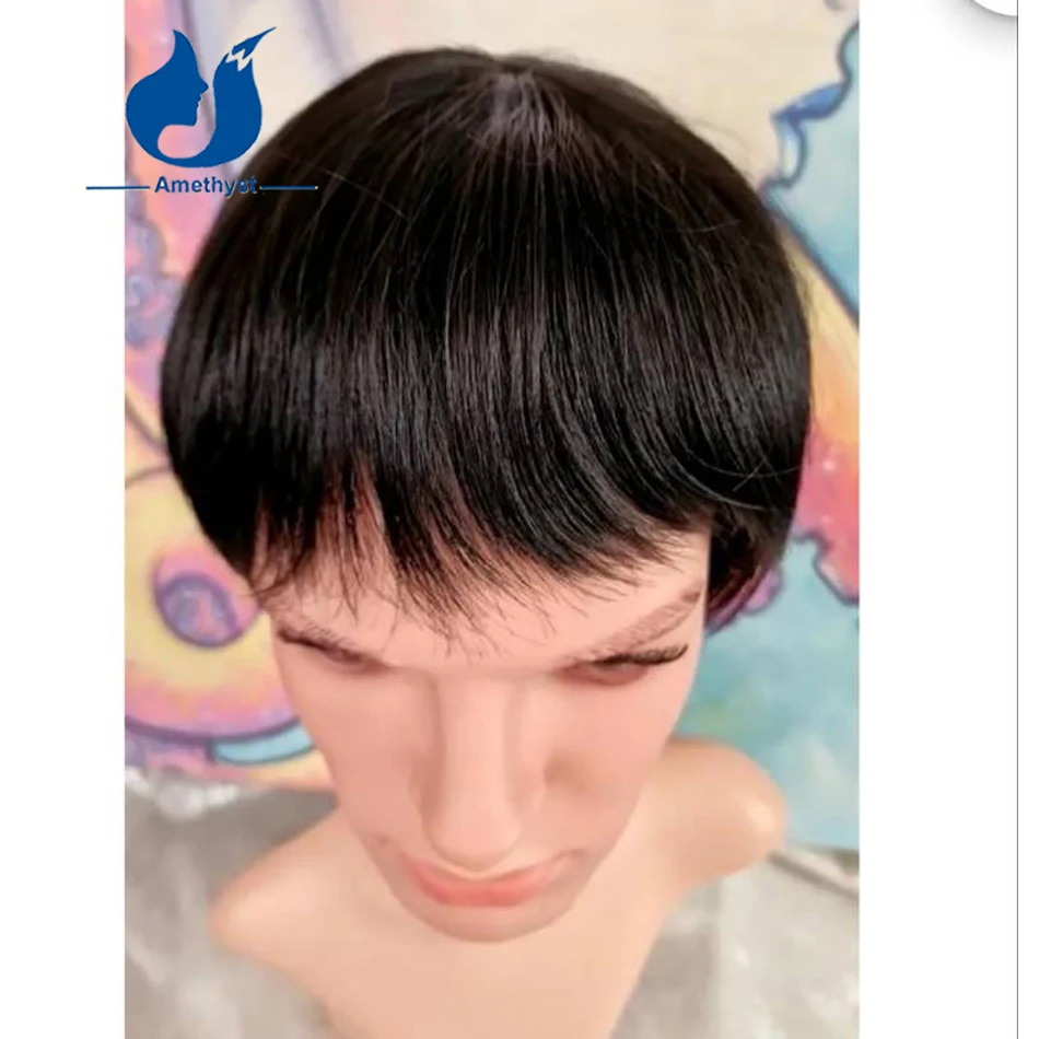 Ametista em linha reta curto pixie corte peruca de cabelo humano com franja completa máquina feita peruca remy cabelo brasileiro pré-estilizado