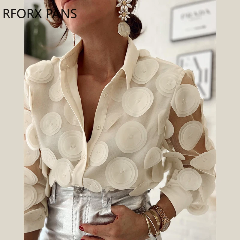 Women Chic Fashion Three Dimensional Decor Turn Down Collar Long Sleeves Casual Blouses Tops