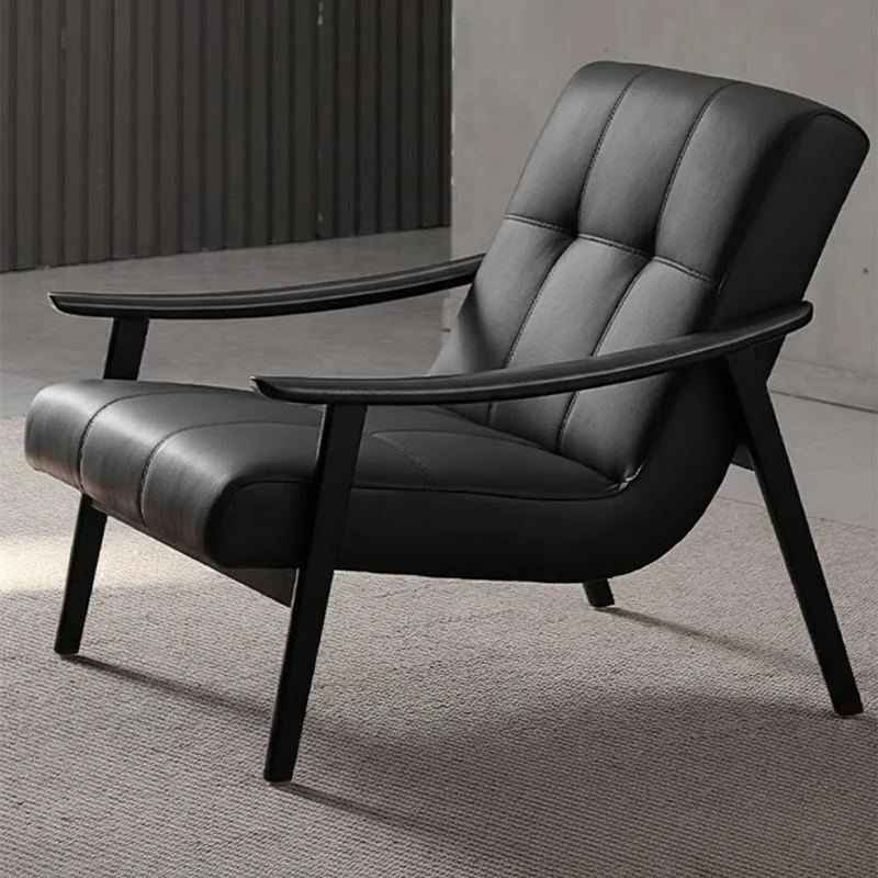 

For Luxury Black Leather Lounge Recliner Wooden Frame Living Room Furniture Modern Minimalist Living Room Lounge Chair*