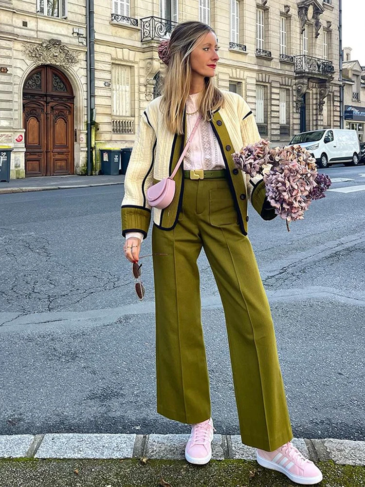 

Contrast Color Single Breasted Buckle Casual Jacket Women Chic Full Sleeve Lapel Pocket Loose Thin Coat Lady New Commute Outwear