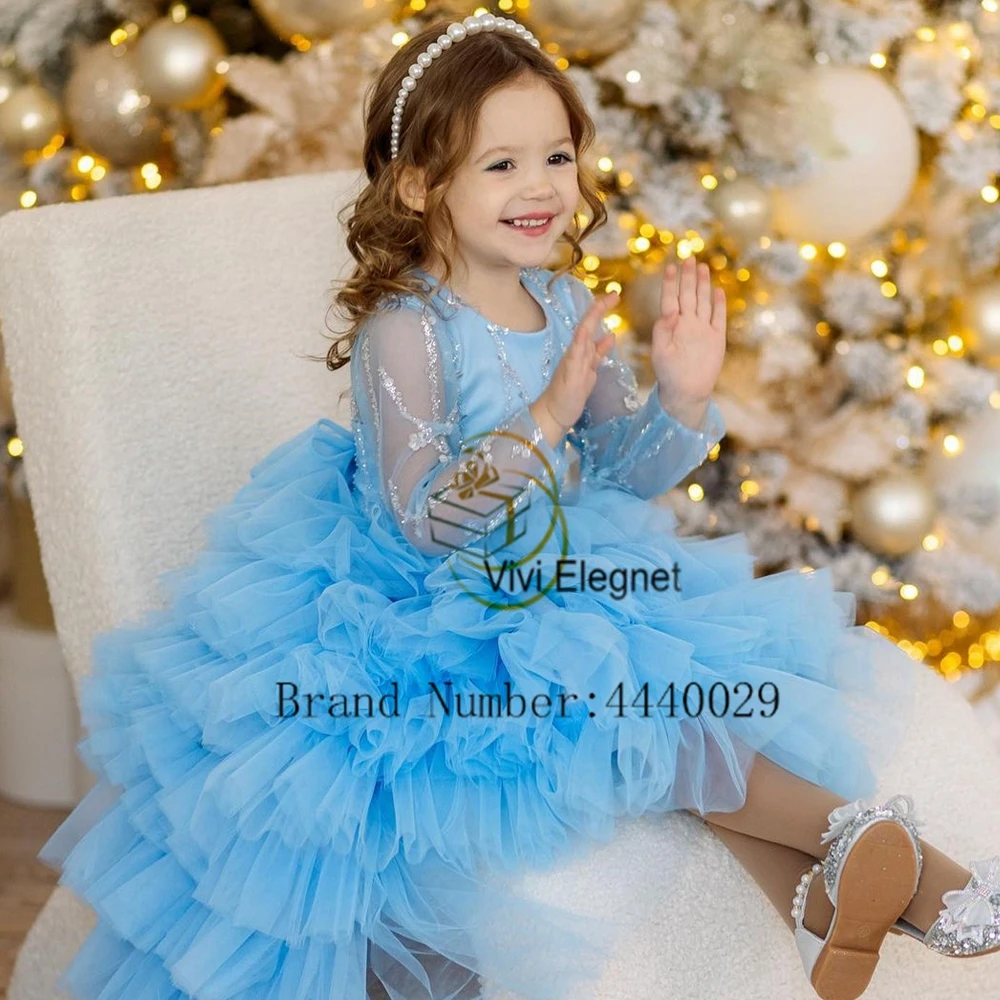 2024 Charming Christmas Gowns with Sequined New Full Sleeve Scoop Flower Girls Dresses Soft Tulle Cute فلور فتاة اللباس Zipper