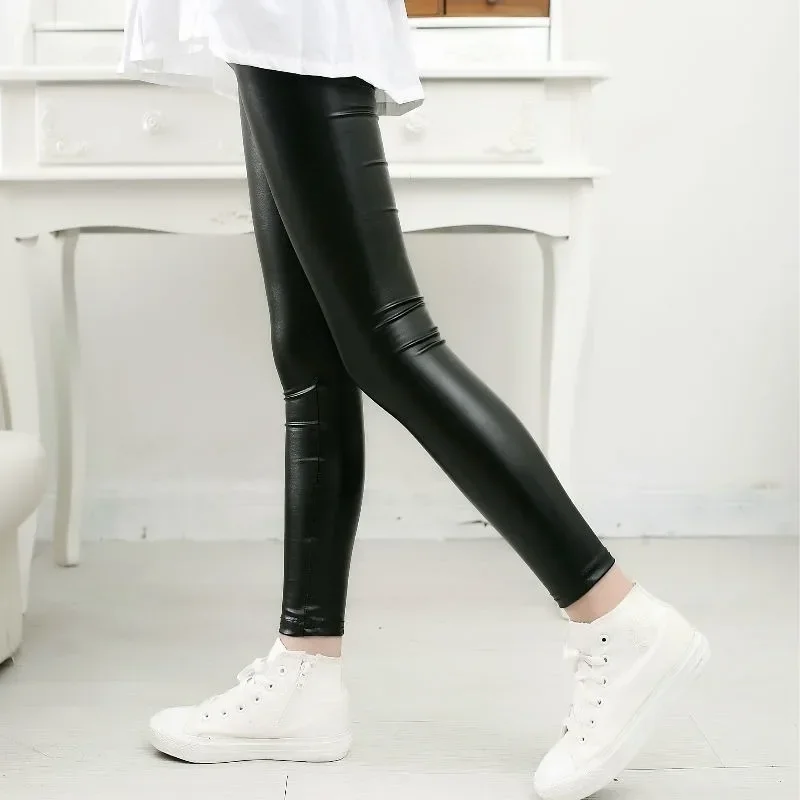 Spring Children\'s Pants For Girls Fashion Faux Leather Girls Leggings Thin Kids Skinny Trousers 2024 New