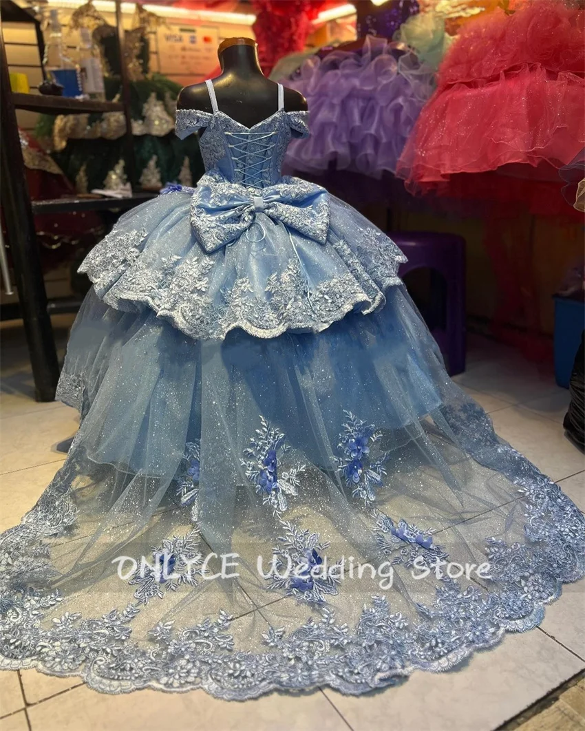 New Desgin Sky Blue Flower Girls Dress 2024 Lace Flowers Pearls Beading Ball Gown Flowers Cute Birthday Party Gown