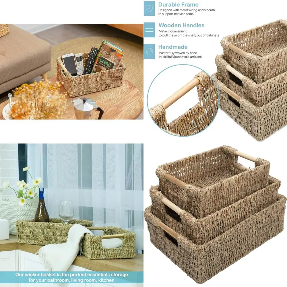 

Набор из 3-х натуральных плетеных корзин с деревянными ручками для кухонного декора