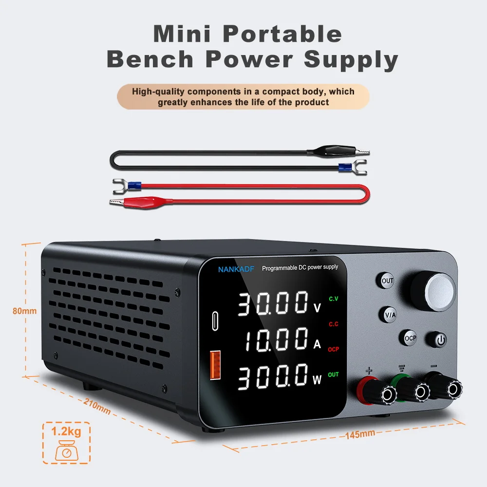 30V 10A Laboratory Power Supply with USB-A/Type-C Charging Port, DC Power Supply for 4-Digit LED Display with Encoder Controls