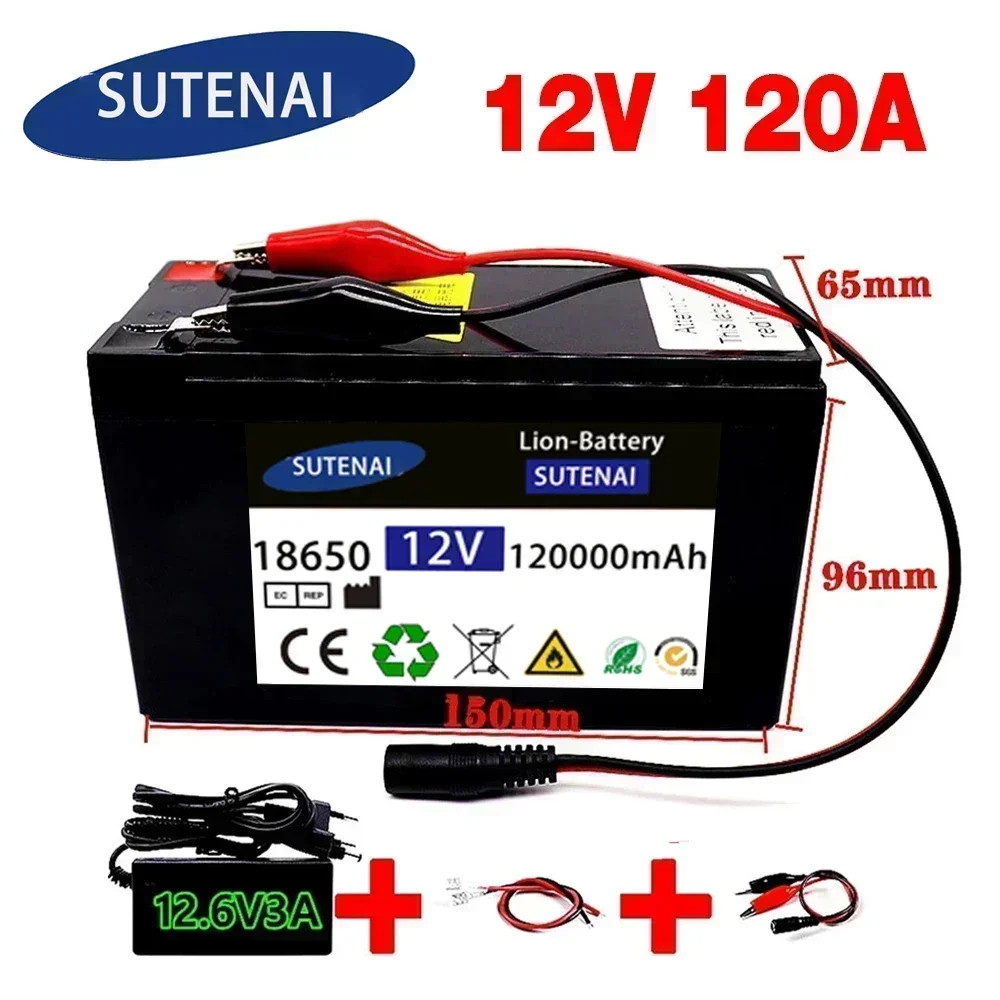 12V 120Ah 120000 mAh 18650 แบตเตอรี่ลิเธียม 30A sprayer Built-in high current BMS แบตเตอรี่รถยนต์ไฟฟ้า + 12.6V Charger