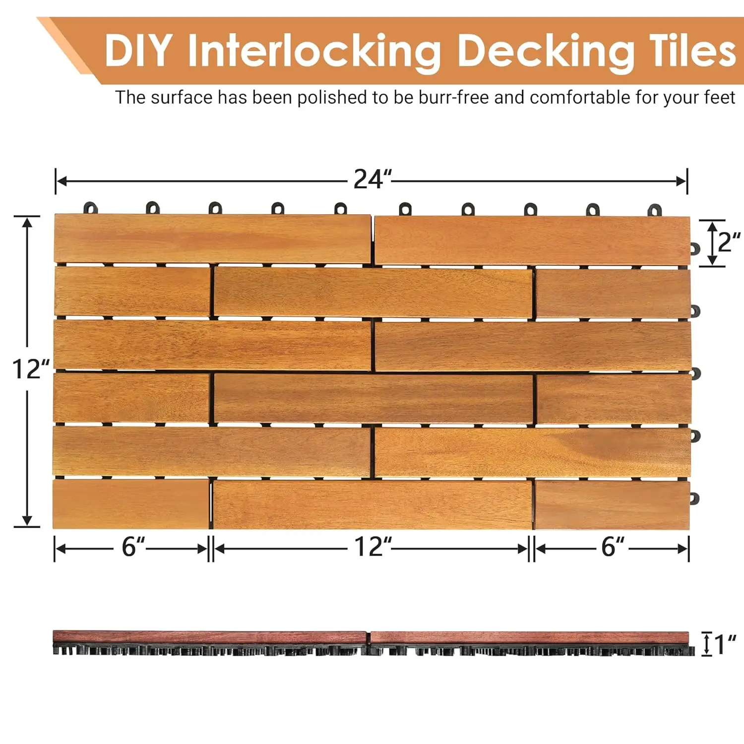 12 PCS Solid Acacia Wood Interlocking Patio Deck Tiles - 24