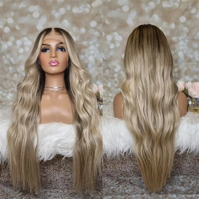 

Высококачественный синтетический парик для вечеринок и повседневного косплея, омбре, пепельно-золотистый блонд с балаяжными прядями, моющийся, с предварительно проработанной линией роста волос