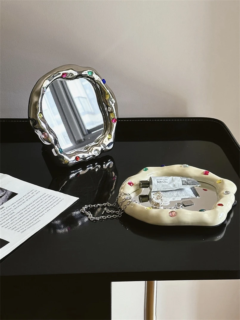 

Искусственное роскошное зеркало для косметики в стиле драгоценного камня, керамическое специально обработанное домашнее декоративное зеркало, реквизит для фотосъемки, поднос с орнаментом