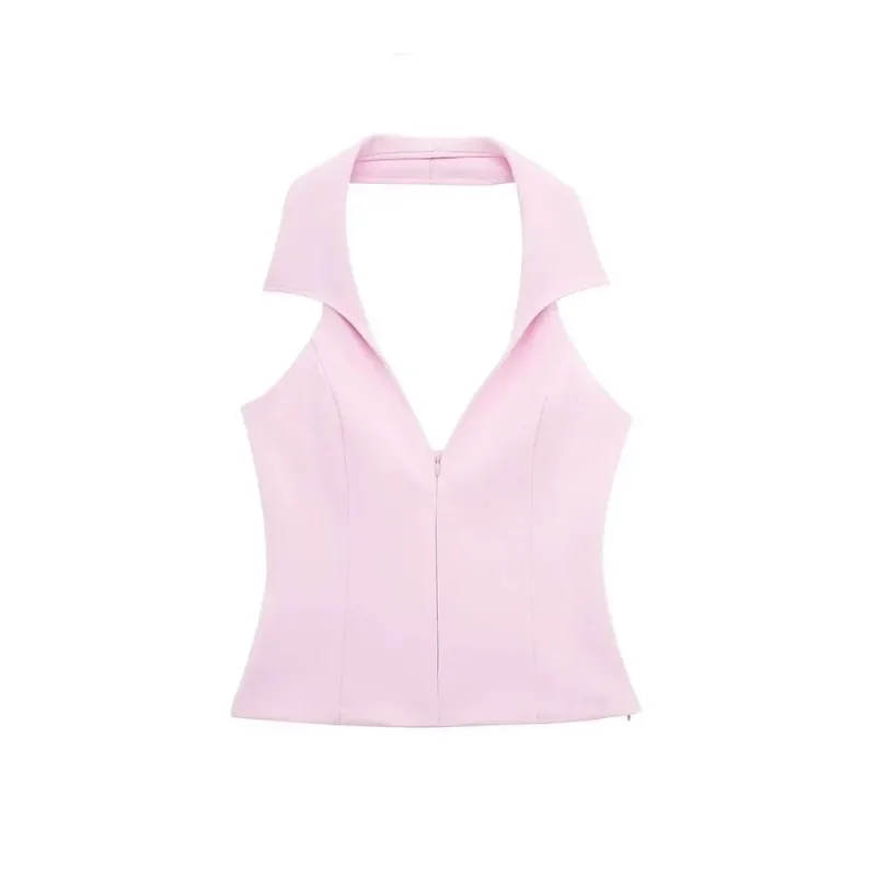 2024 Women Casual Skirts Shorts Set Chic Halter Shirt Neck Backless Top & Shorts Sweet Pink Summer Sexy Shorts Sets