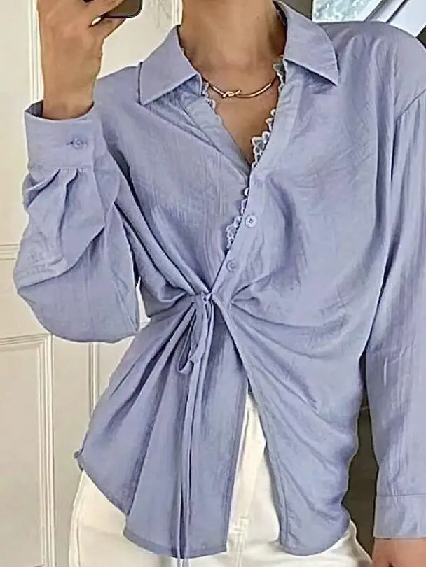 Women's AutumnTie-Waist Collared Shirt Long Sleeve Asymmetric Design Perfect for Casual Daily Styling