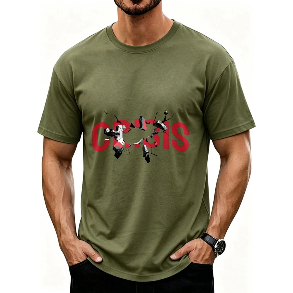 Cracked Crew Neck Short Sleeve Fitted Graphic Print T Shirt with Red Letters Black Fragments Crisis Style Graphic T Shirts Tops