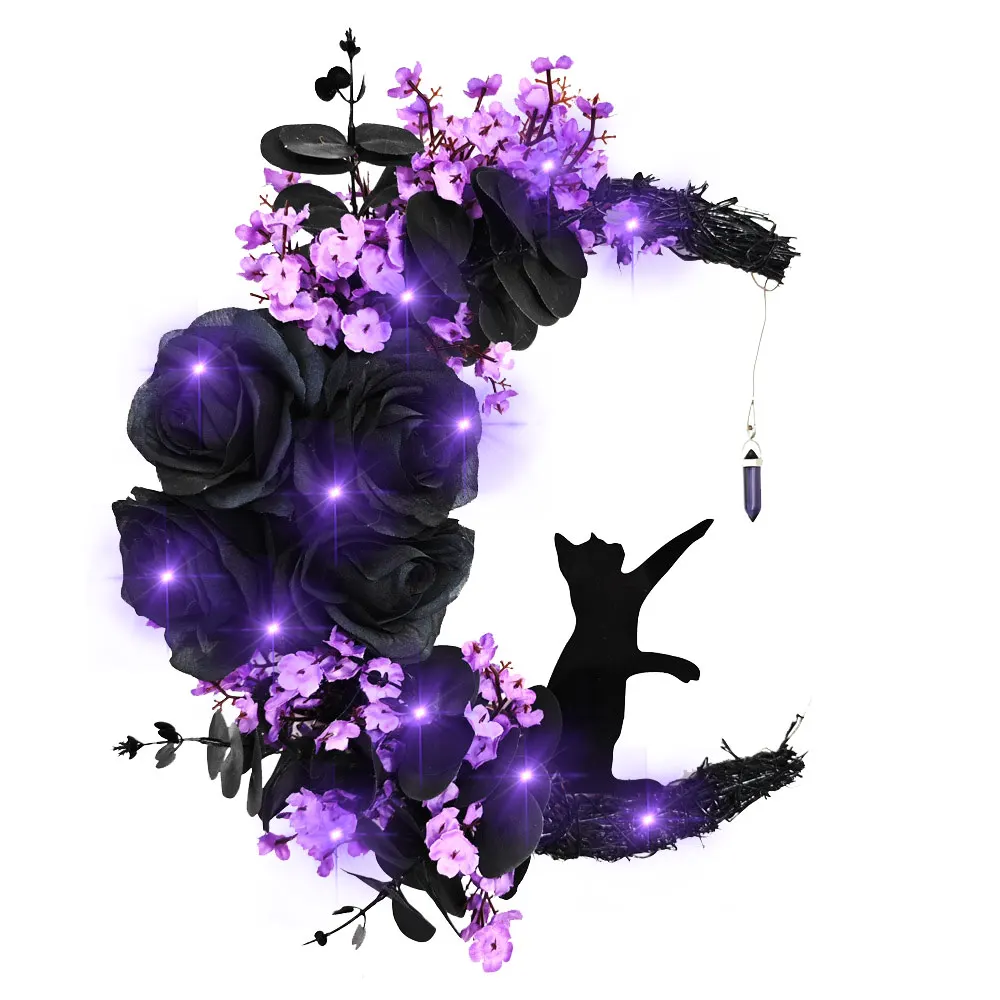 Moon Cat Wreath with Light,Halloween Wreaths for Front Door With Purple Lights Black Rose Scary Garlands for Halloween Decor