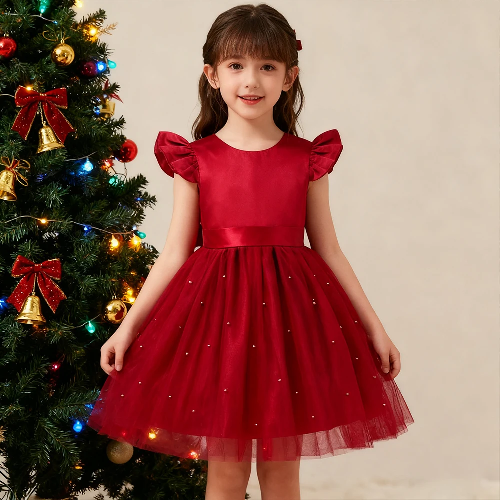 Rotes Mädchen Prinzessin Kleid Weihnachtskostüm Neujahr Geschenke Mädchen Partykleider Mesh Schleife Hochzeitskleid Elegante Kinderkleidung