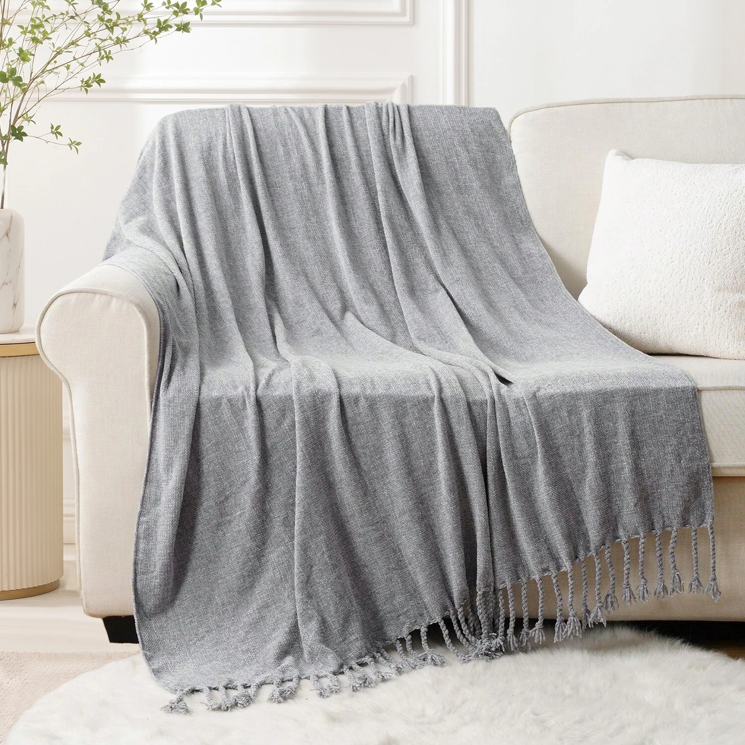Battilo Chenille Throw Blanket With Fringe Tassels Decorative Lightweight Sofa Blanket Soft Cozy Knit Throws for Spring Decor