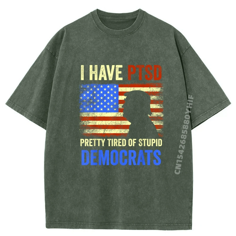 I Have PTSD Pretty Tired Of Stupid Democrats Tee Red And Black Graphic T Shirt Adult Washed Short Sleeve Tee Oversized