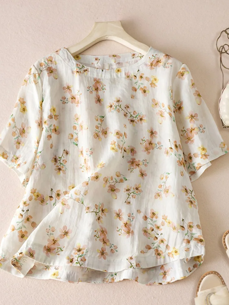 Casual bloemenprint linnen katoen dames T-shirt zomer losse pasvorm veelzijdige afslanktop rond Ne ort Sve rond lichaam