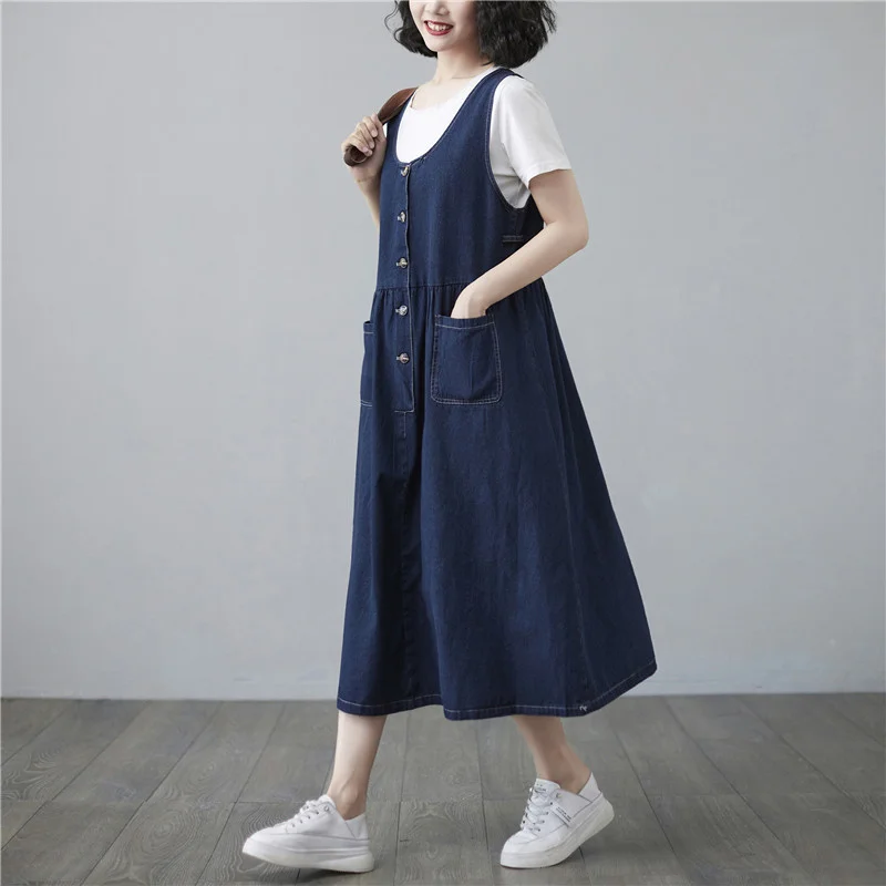 #2119 Spring Summer Denim Overalls Dress Women Sleeveless A-line Jeans Dress Female V Neck Single Breasted Midi Dresses Ladies