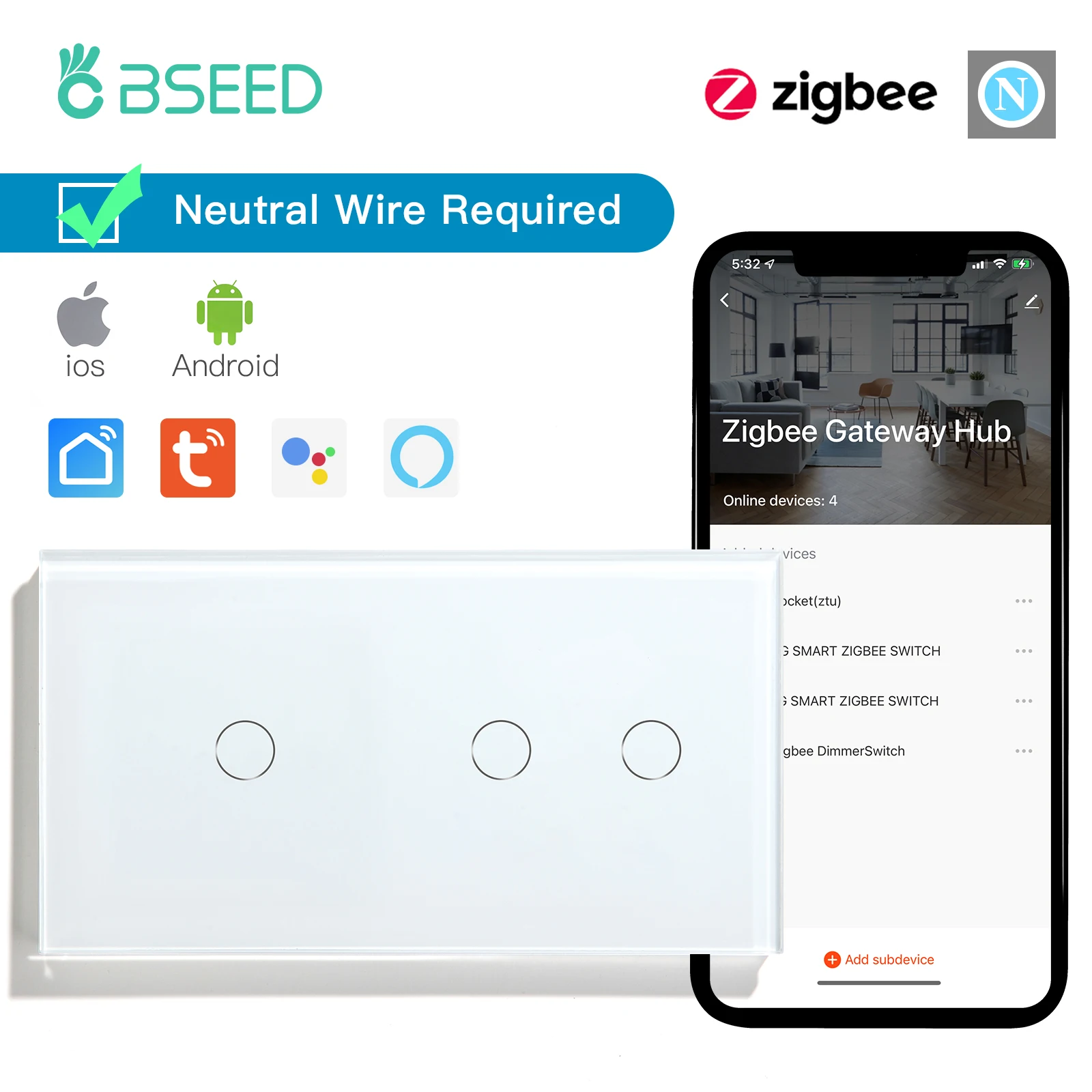 BSEED Zigbee 1/2Gang Smart Switches 1/2/3Way Touch Glass Switches Tuya Smart Life Google Alexa App Control EU Standard