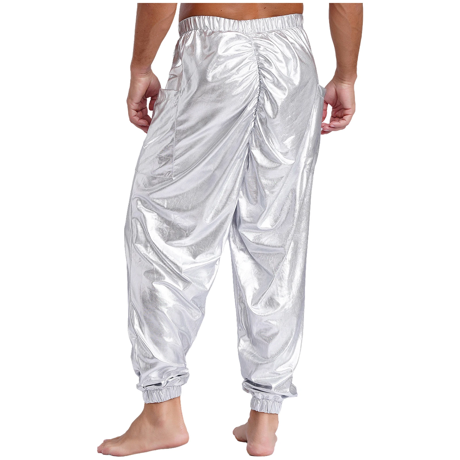 Men Shiny Metallic Hippie Dance Harem Pants Elastic Waist Ruched Pants Trousers Rock Jazz Music Festivals Carnival Dance Costume