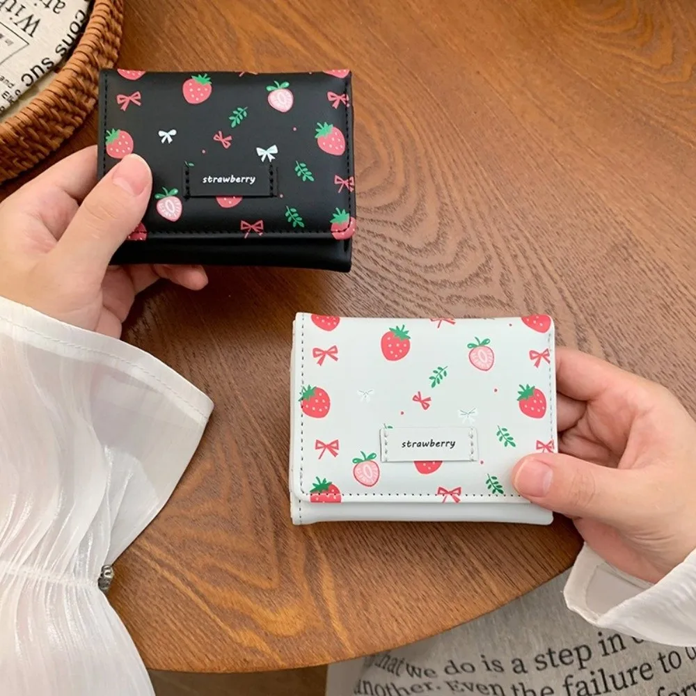

Cute Strawberry Tri-fold Wallet Printing Bow PU Leather Wallet Folding Korean Style Card Holder Girl