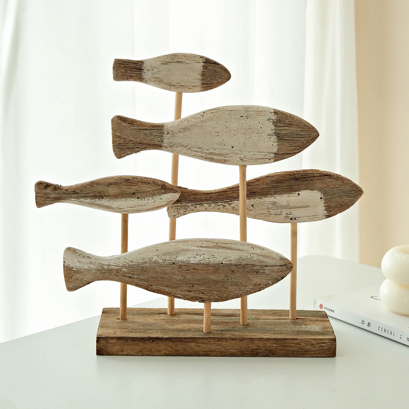 Retro Ocean Style 3D Wooden Shoal of Fish Decorations Creative Mediterranean Hand Carving Desktop Ornaments DIY Bar Home Decor