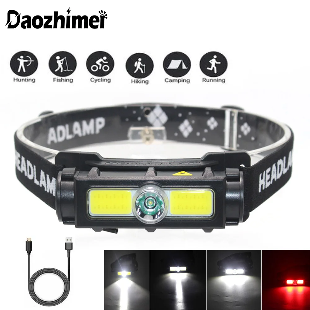 

18650 Built in Battery Headlight XPE +2*COB LED USB Rechargeable Headlamp Outdoor camping with magnet Work lantern