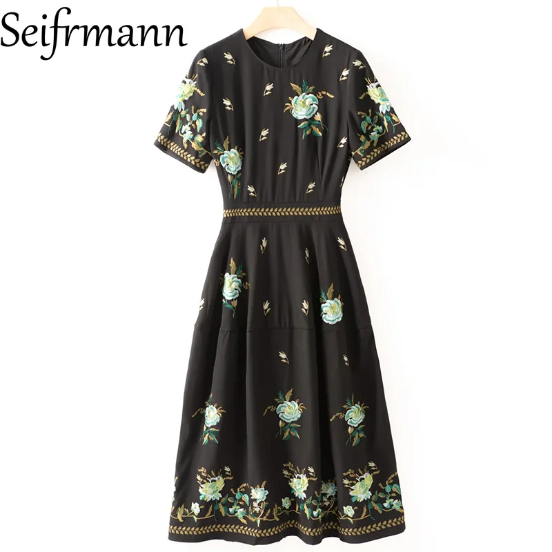 

Seifrmann 2026 Spring Women's New Fashion Round Neck Short Sleeve Embroidered Flower Waist cinching Dress