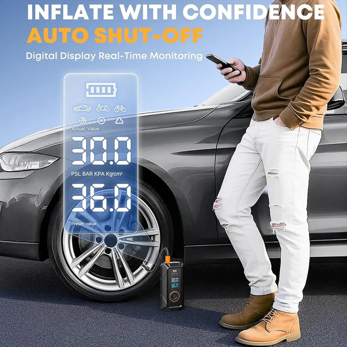 L77A Portable Tire Inflator Air Compressor 160PSI Cordless Inflator Air Bike Pump with Pressure Gauge for Cars Bikes Balls