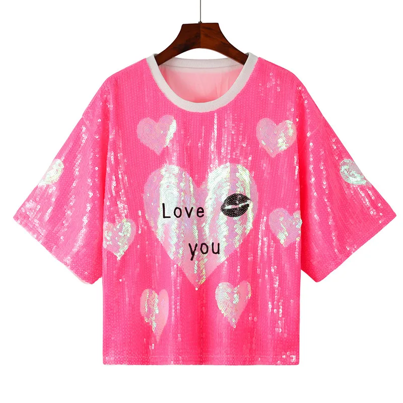 Summer New Fashion Sequin Casual Loose T-shirt Versatile Round Neck Women Short Sleeved Valentine's Day Tops