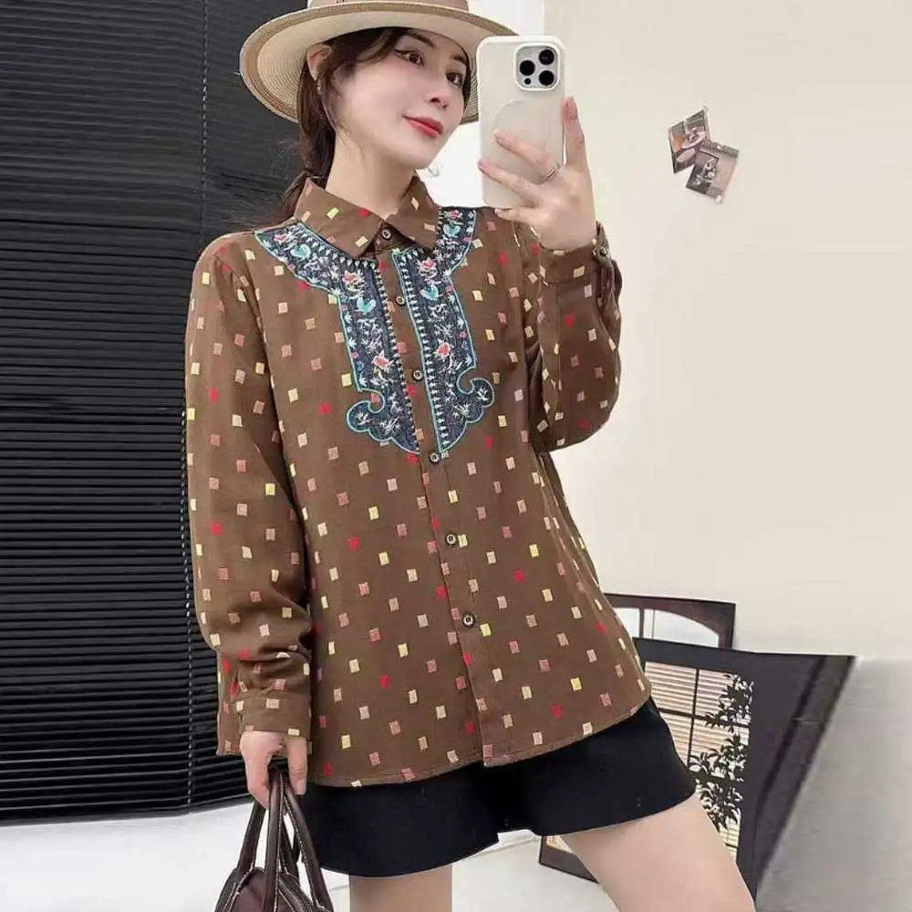 اليابانية خمر موري فتاة مكعب طباعة التطريز المرقعة تي شيرتات قطن المرأة الخريف رفض طوق كم طويل بلوزة غير رسمية