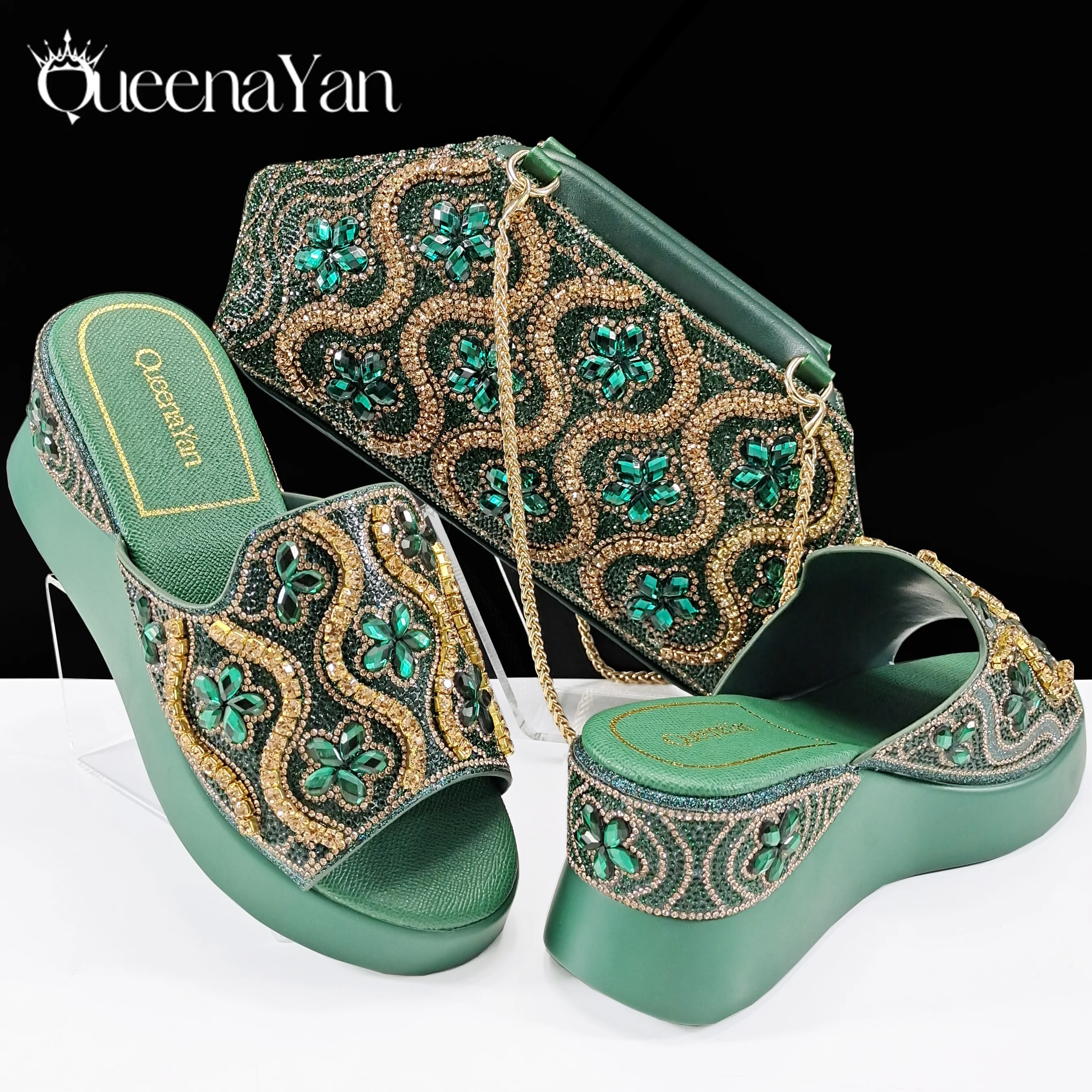 

Queena Yan, новинка 2025, хит продаж, сандалии с открытым носком и сумкой зеленого цвета для женщин, свадебная вечеринка