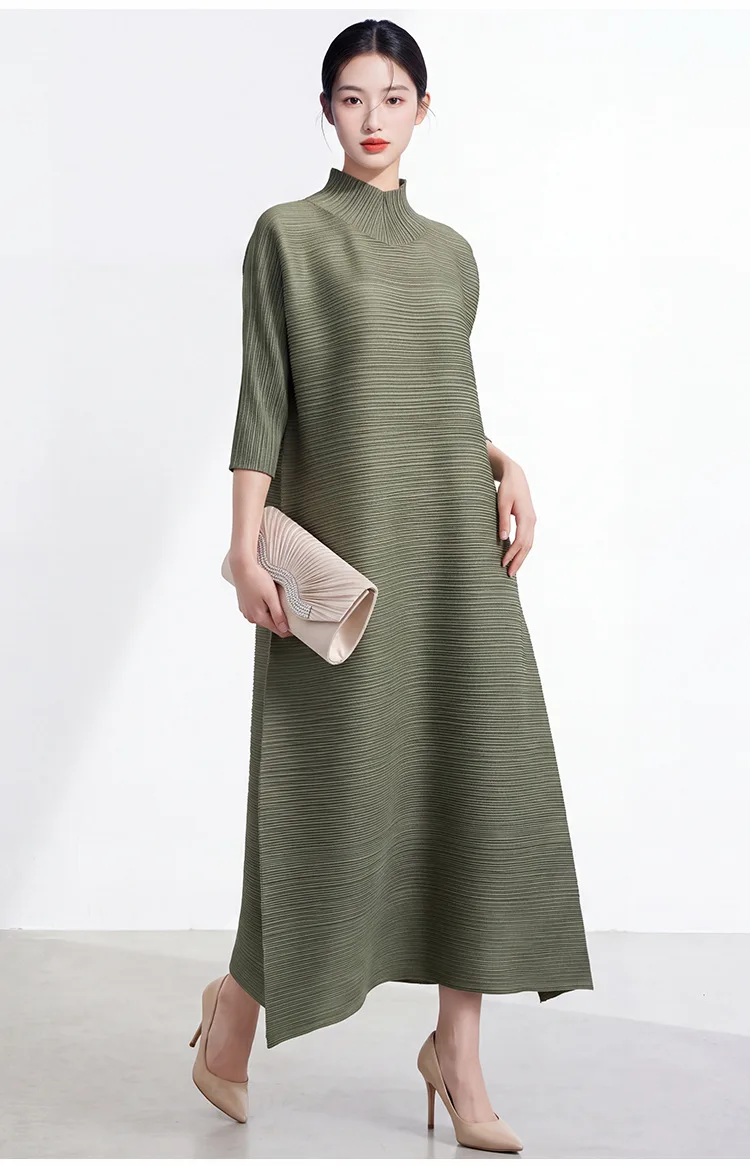 Vestido Maxi de Talla Grande para Mujer 2026: Vestido Plisado Elegante Estilo Issey con Cuello Alto y Manga Llegando al Codo