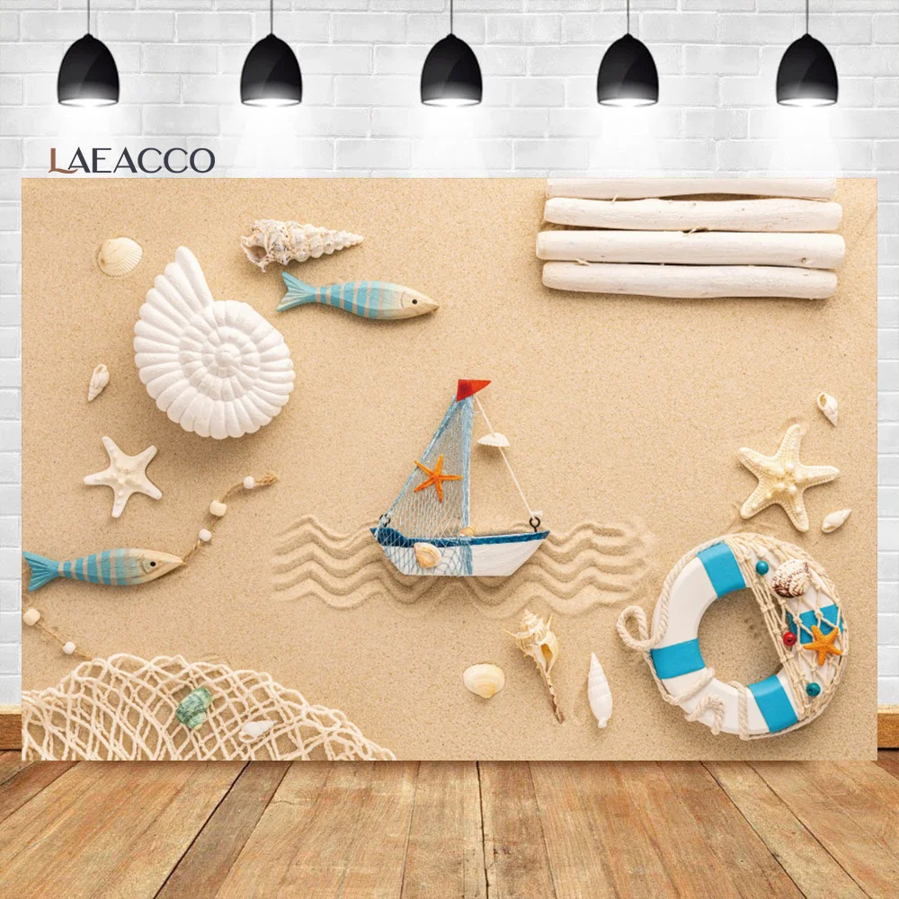 

Laeacco Summer Tropical Seaside Beach Birthday Scene Backdrop Sailboat Starfish Baby Shower Kids Portrait Photography Background