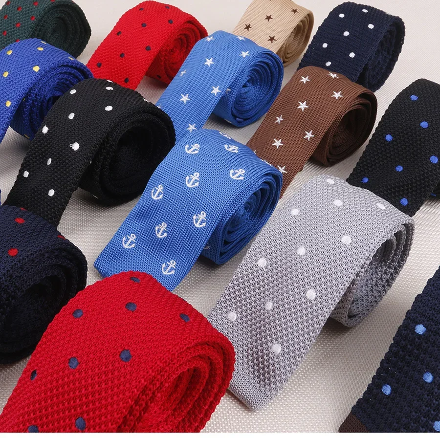 HOT Knitted Embroidered Tie Narrow Skinnynecktie 5 Cm Flat Head Anchor Star Men Accessories Wedding Party Banquet Neckties