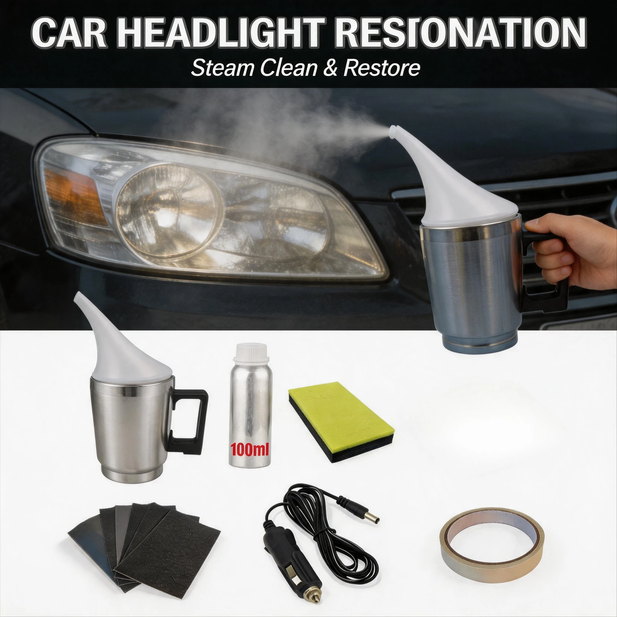 Universal Car Headlight Polishing Kit 100ml Steam Fumigator Mug Steamer Can Type Headlamp Restoration Lens Cleaning Repair Parts