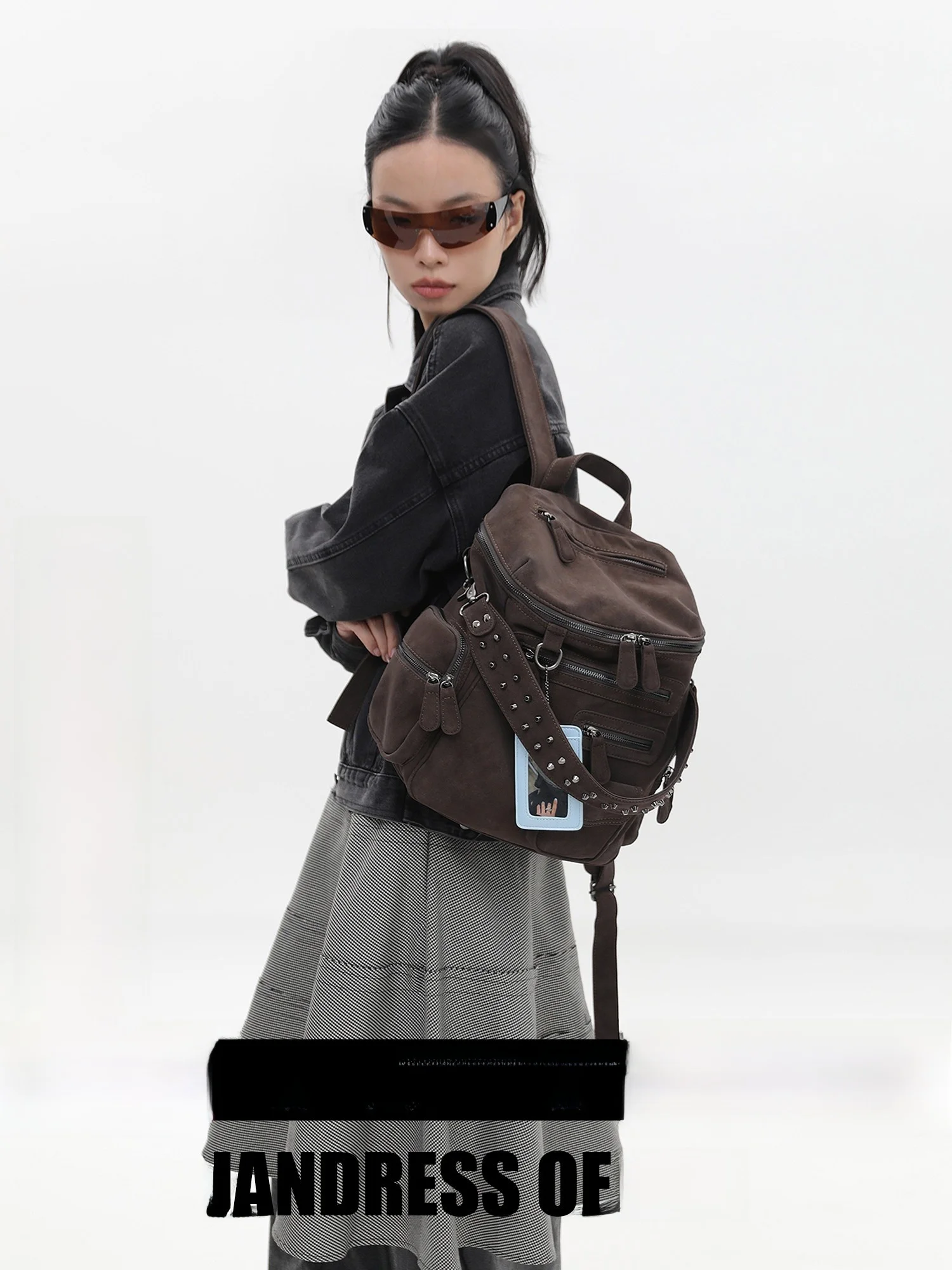 Brown Suede Motorcycle Commuter Women's Backpack JANDRESS Original Design with Zipper Rivets Double Shoulder Bag for Youth