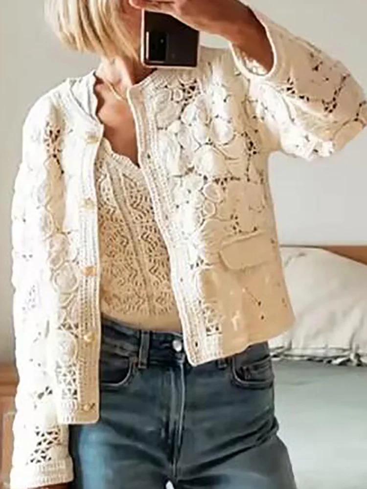 

Vintage Solid Embroidery Lace Blouse Shirts Women Sexy Single Breasted O Neck Top Coat Autumn Long Sleeve Hollow Jacquard Jumper