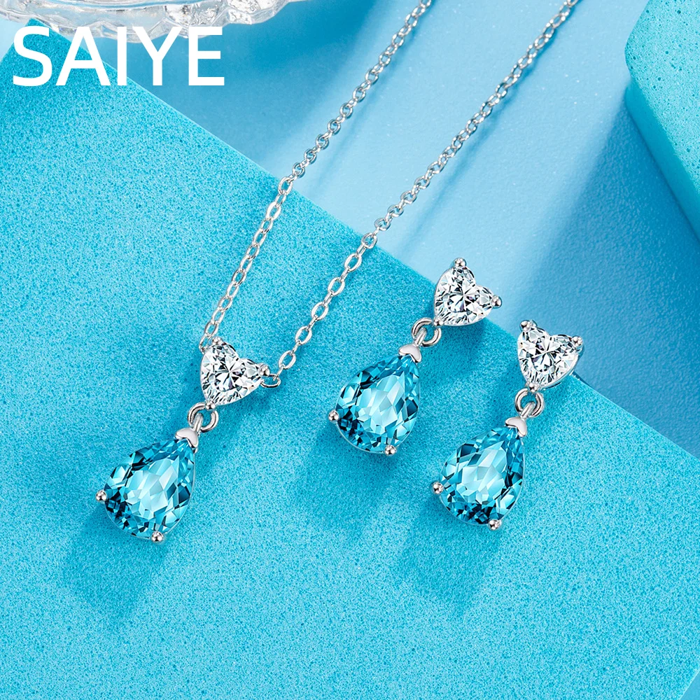Women's 925 Sterling Silver Blue Heart CZ Teardrop Jewelry Set