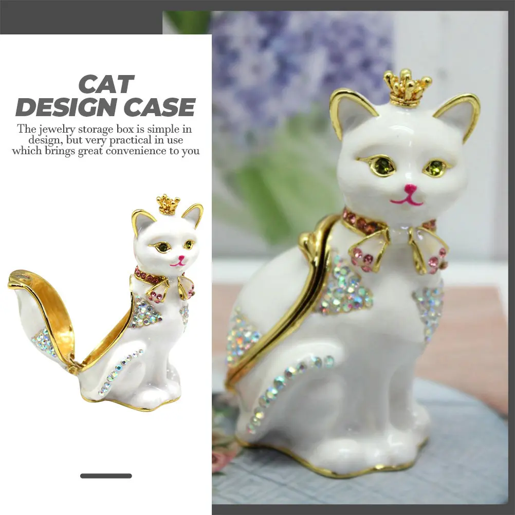 Metal Crown Cat Jewelry Storage Box Bright Color Alloy Jewelry Organizer Desktop Decor Trinket Holder Vanity Storage Case