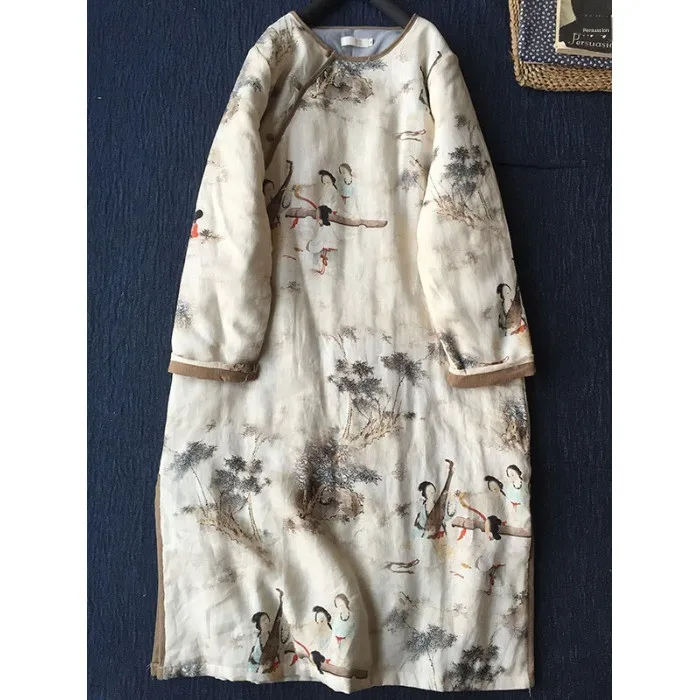 Nuevo chino Sle Zen Tea Dr mujer Otoño Invierno estampado Retro abotonado mezcla de algodón y lino longitud media de una sola pieza Dr