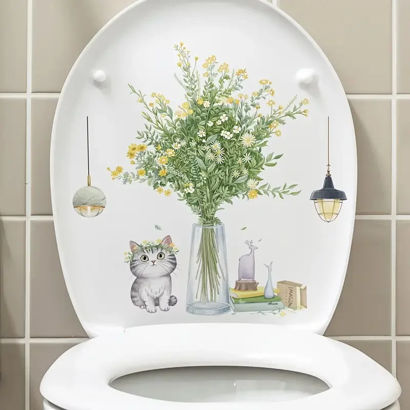 

Flower And Cat Pattern Toilet Stickers, Bright Bathroom for Home Decoration, Vinyl Animal Decals, Art Wall paper, Poster
