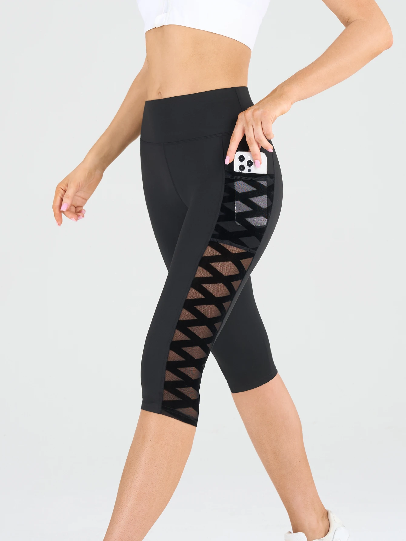 Women Casual Capri Leggings High Waist Mesh Splice Side Phone Pockets Soft Elastic Cropped Daily Jogging Trousers