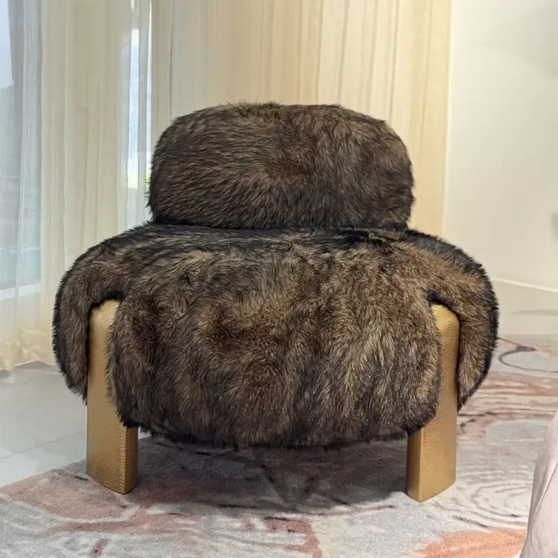 Brass Faux Fur Modern Italian Designer Handmade Fluffy Soft Lounge Accent Chair for Living Room & Home Office