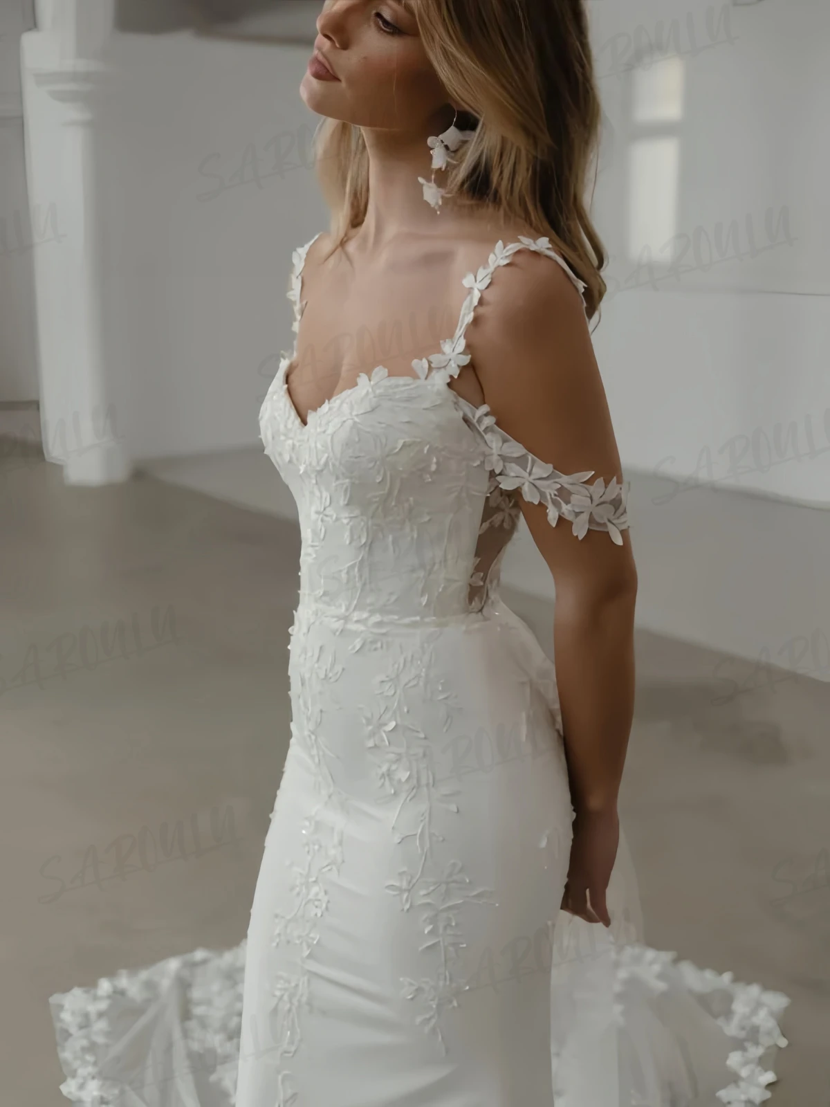 SAROULU Abito da sposa tubino da donna, abito da sposa lungo in raso con spalline sottili, abiti da sposa romantici personalizzati