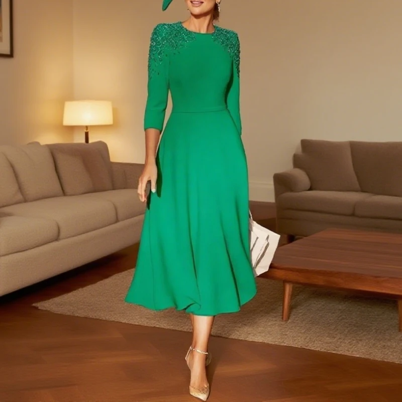 Wedding Guest Dresses for Women 3/4 Sleeves Crystal Luxury Mother of the Bride Dress A Line Belt O Neck Party Gown