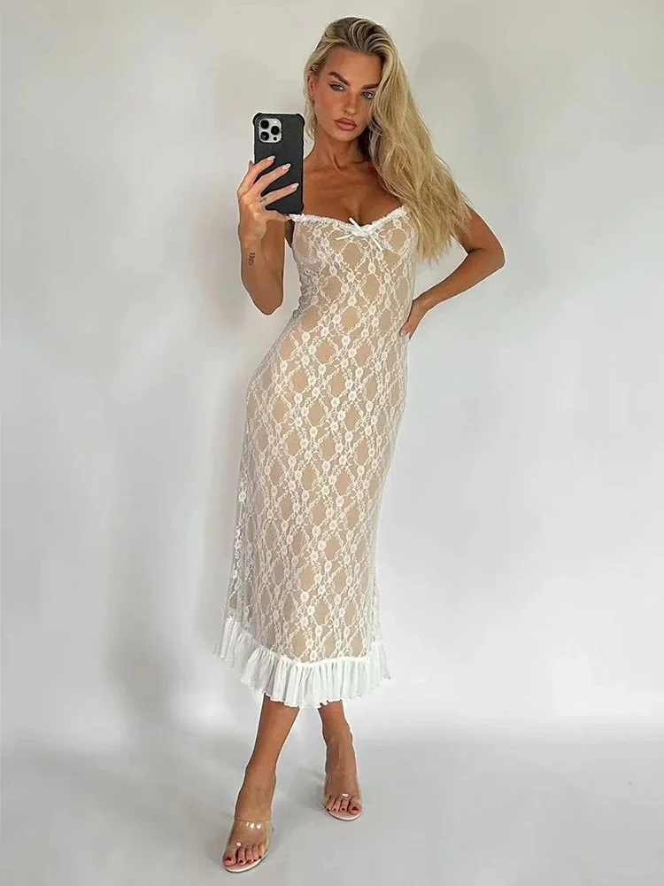 Foridol Lace Mesh Bodycon Midi Party Dress Women Apricot Ruffles Elegant Black Sexy Club Shealth Dress Robe 2024 Tank Dress