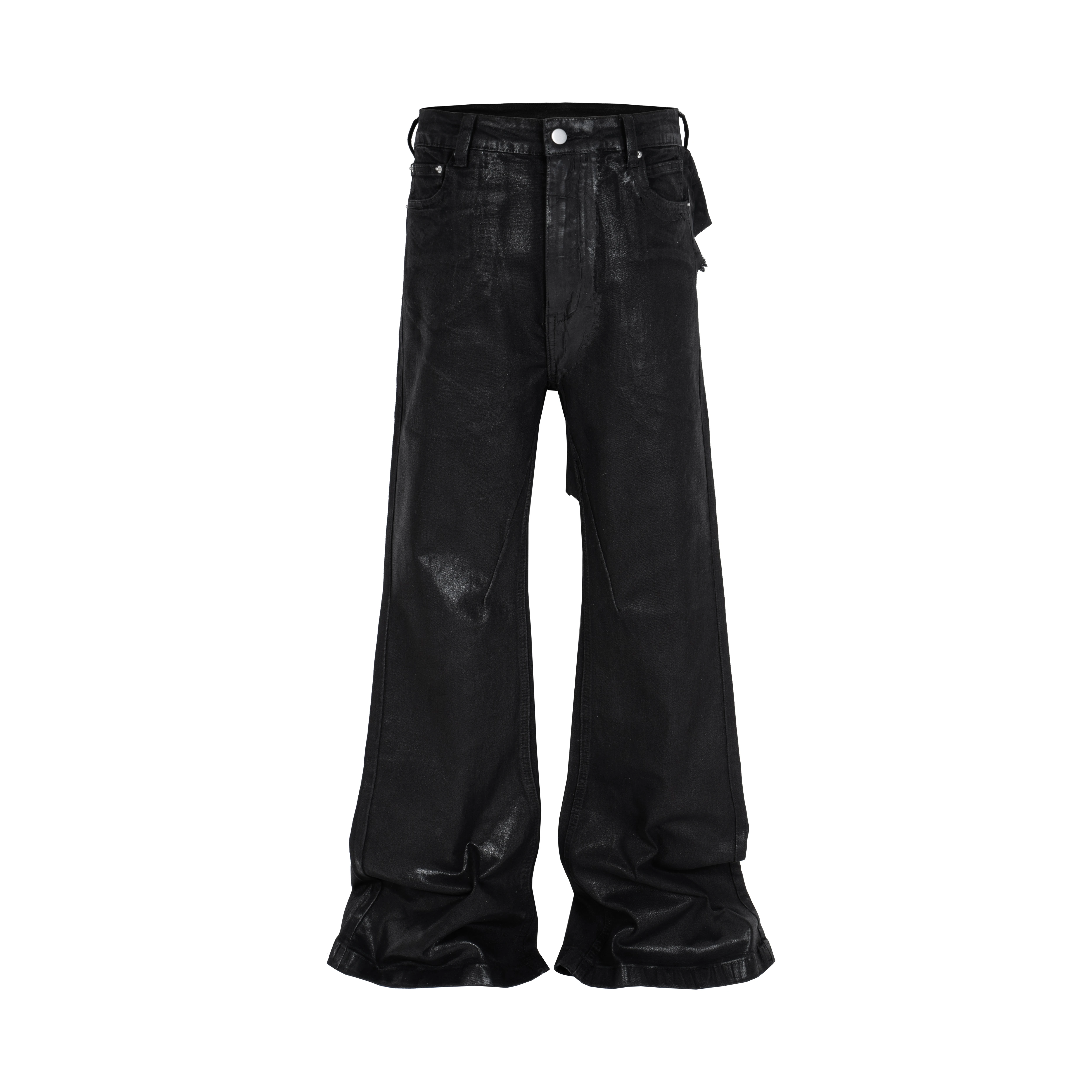 MIJKO Black Wax Leather Strecth Jeans for Men Women Baggy Flare