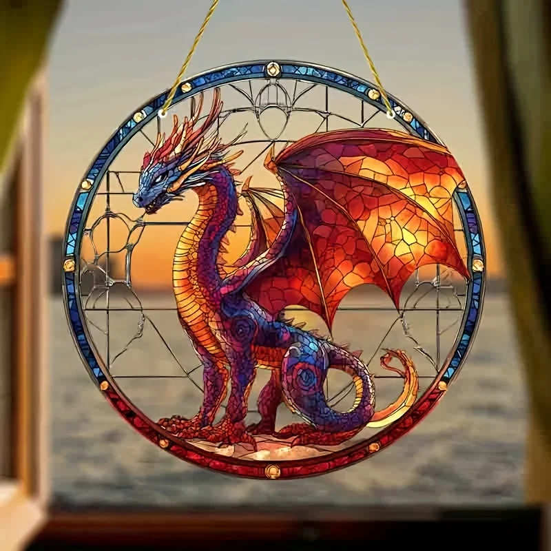 Dragon Sun Catcher-Circular Acrylic Decor Sign with Stained Glass Effect - Wall Hanging Decoration, Art Decor Style for Bedroom