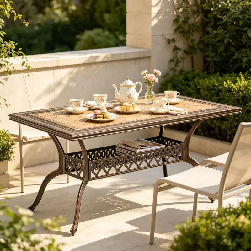 Outdoor European Cast Aluminum Long Dining Table Retro Tile Parquet Countertop Hollow Engraving Center